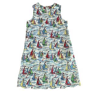 Classic Prep Girls Sailboat Print Dress - White with Red, Yellow, Blue, Green